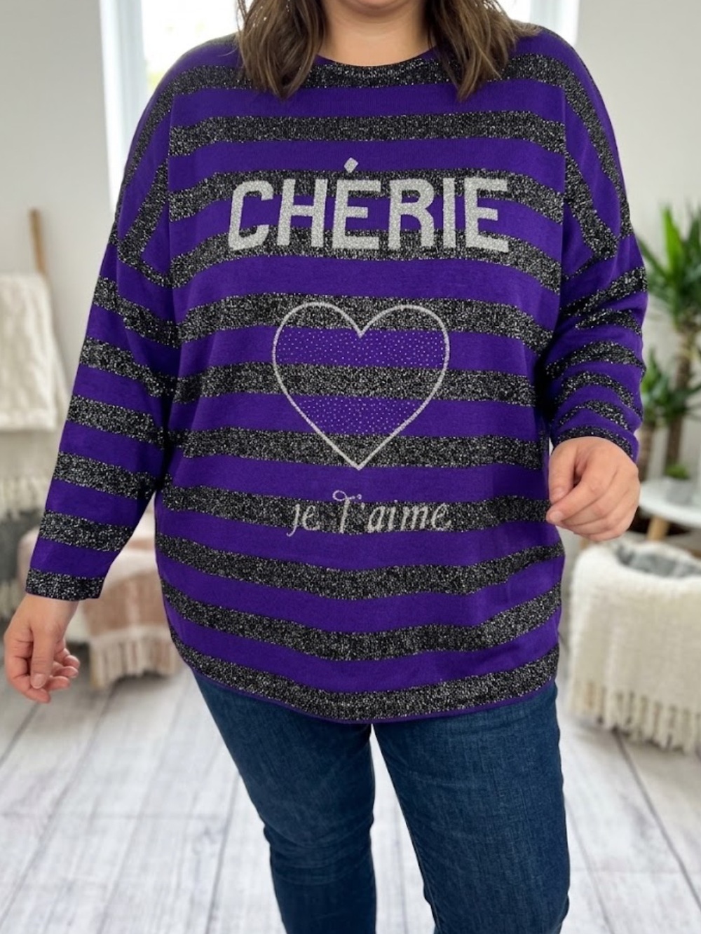 Cherie Je Taime Purple and Metallic Silver Sweater Size XL Made It Italy 🇮🇹